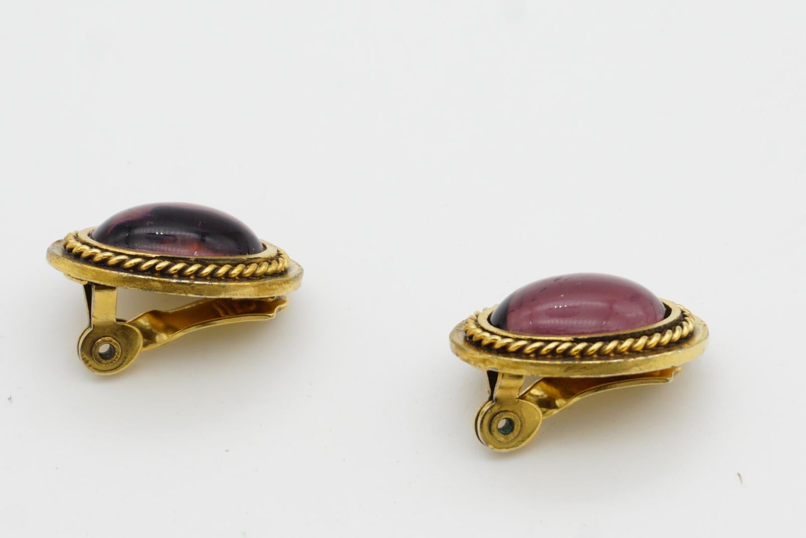 Yves Saint Laurent YSL Vintage Gripoix Amethyst Oval Cabochon Rope Gold Earrings For Sale 5