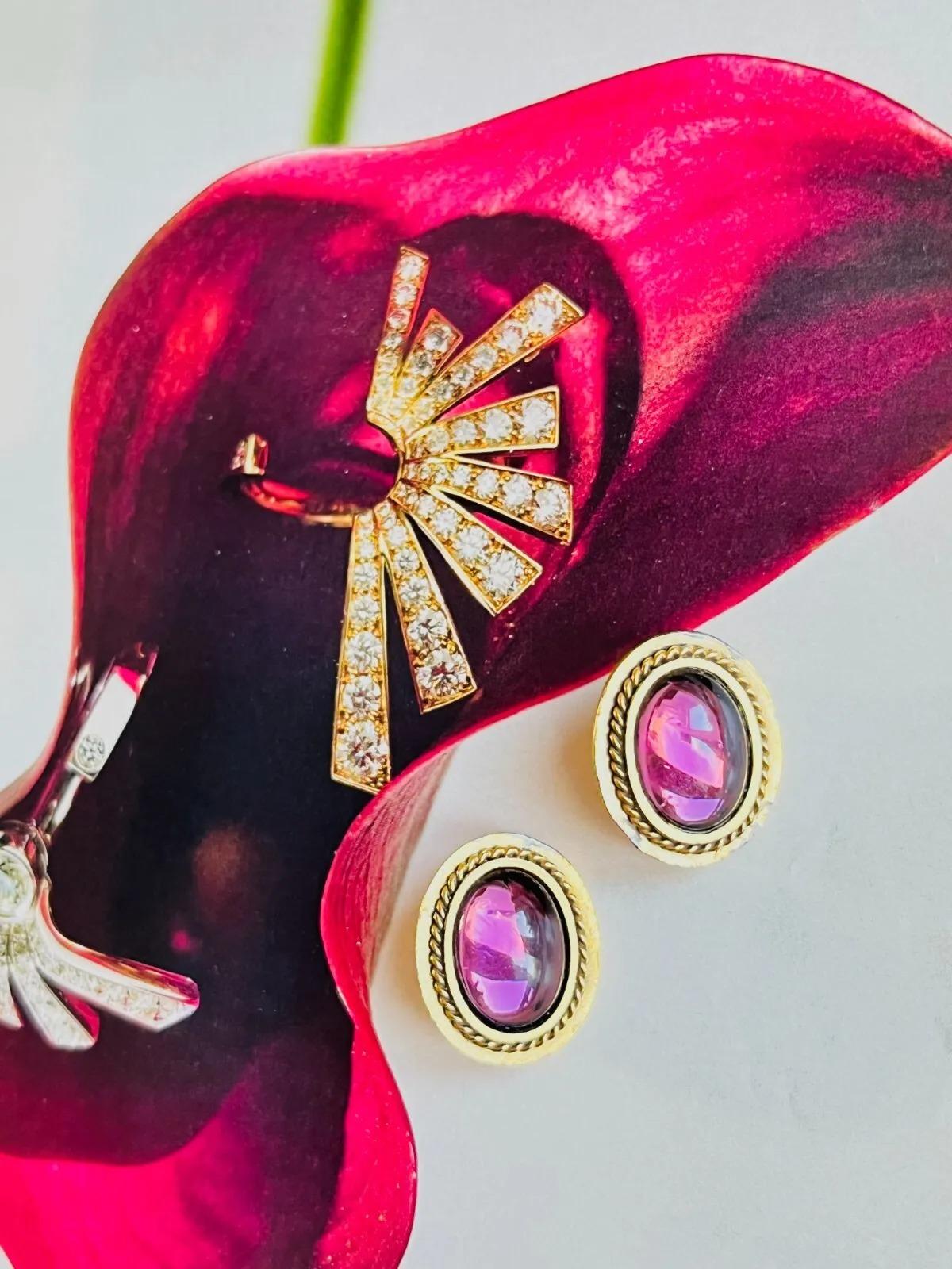 Art Deco Yves Saint Laurent YSL Vintage Gripoix Amethyst Oval Cabochon Rope Gold Earrings For Sale