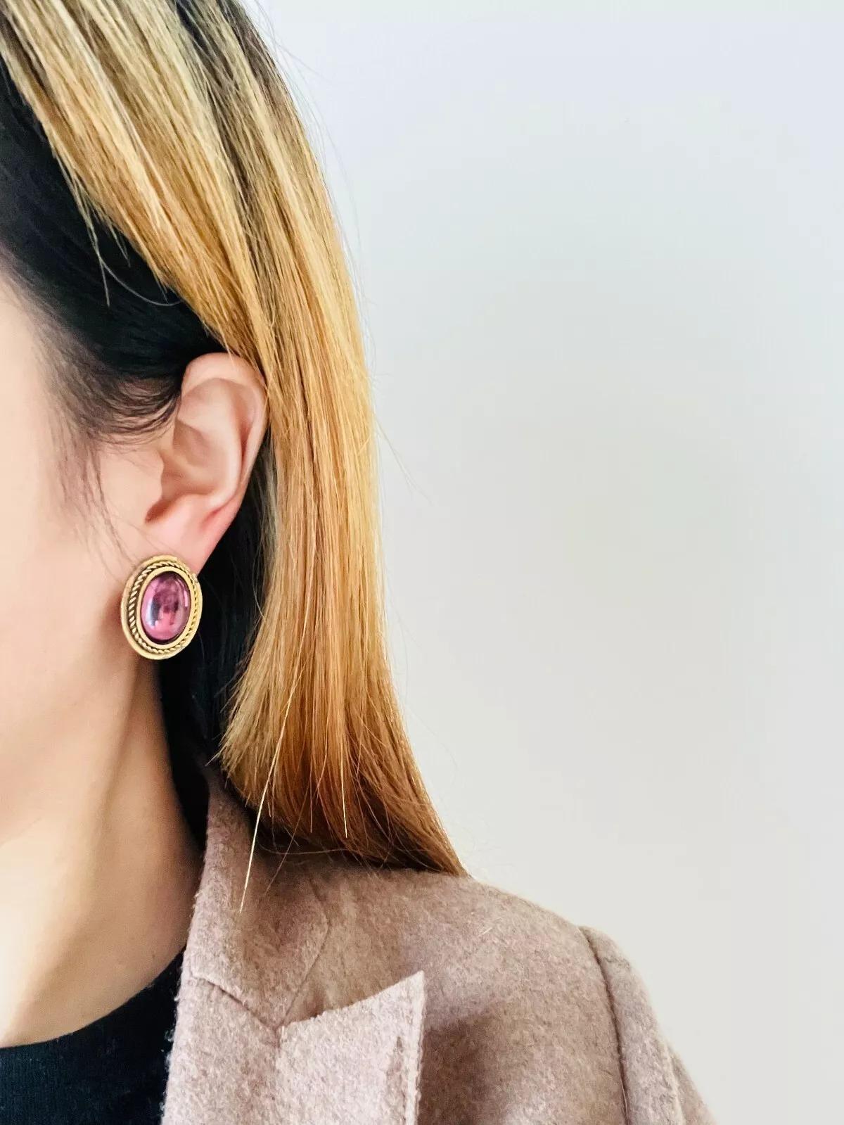 Yves Saint Laurent YSL Vintage Gripoix Amethyst Oval Cabochon Rope Gold Earrings For Sale 2