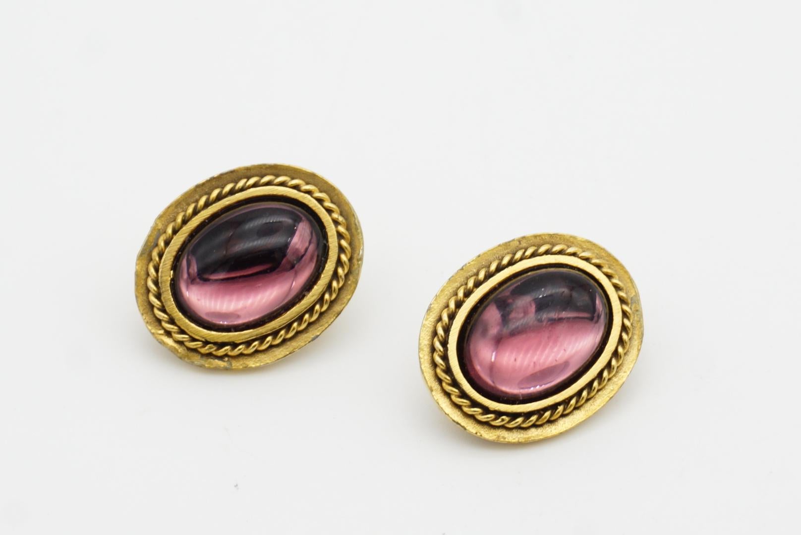 Yves Saint Laurent YSL Vintage Gripoix Amethyst Oval Cabochon Rope Gold Earrings For Sale 3