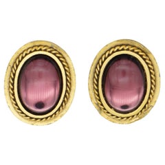 Yves Saint Laurent YSL Vintage Gripoix Améthyste Cabochon Ovale Boucles d'oreilles en or