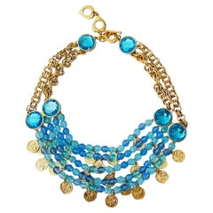 Yves Saint Laurent YSL Vintage Gripoix Blue Cabochon Beads Coins Bib Necklace