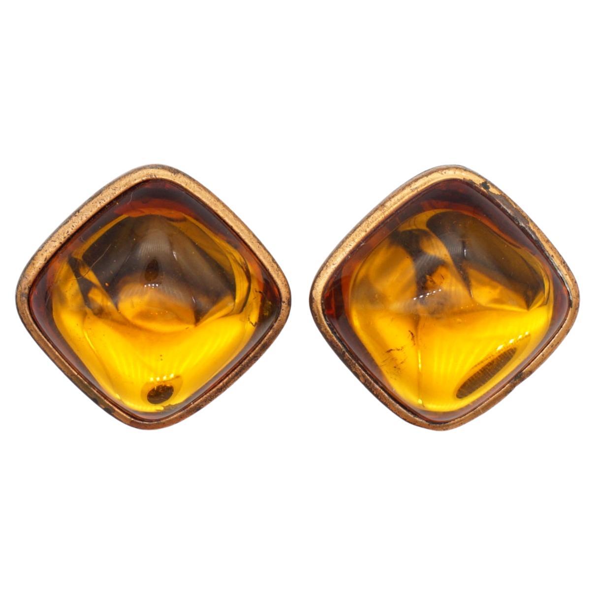 Yves Saint Laurent YSL Vintage Gripoix Cabochon Orange Amber Square Earrings For Sale