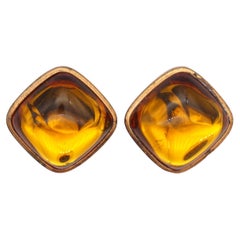 Yves Saint Laurent YSL Vintage Gripoix Cabochon Orange Amber Square Earrings