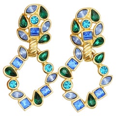 Yves Saint Laurent YSL Vintage Gripoix Emerald Sapphire Leaf Hoop Drop Earrings