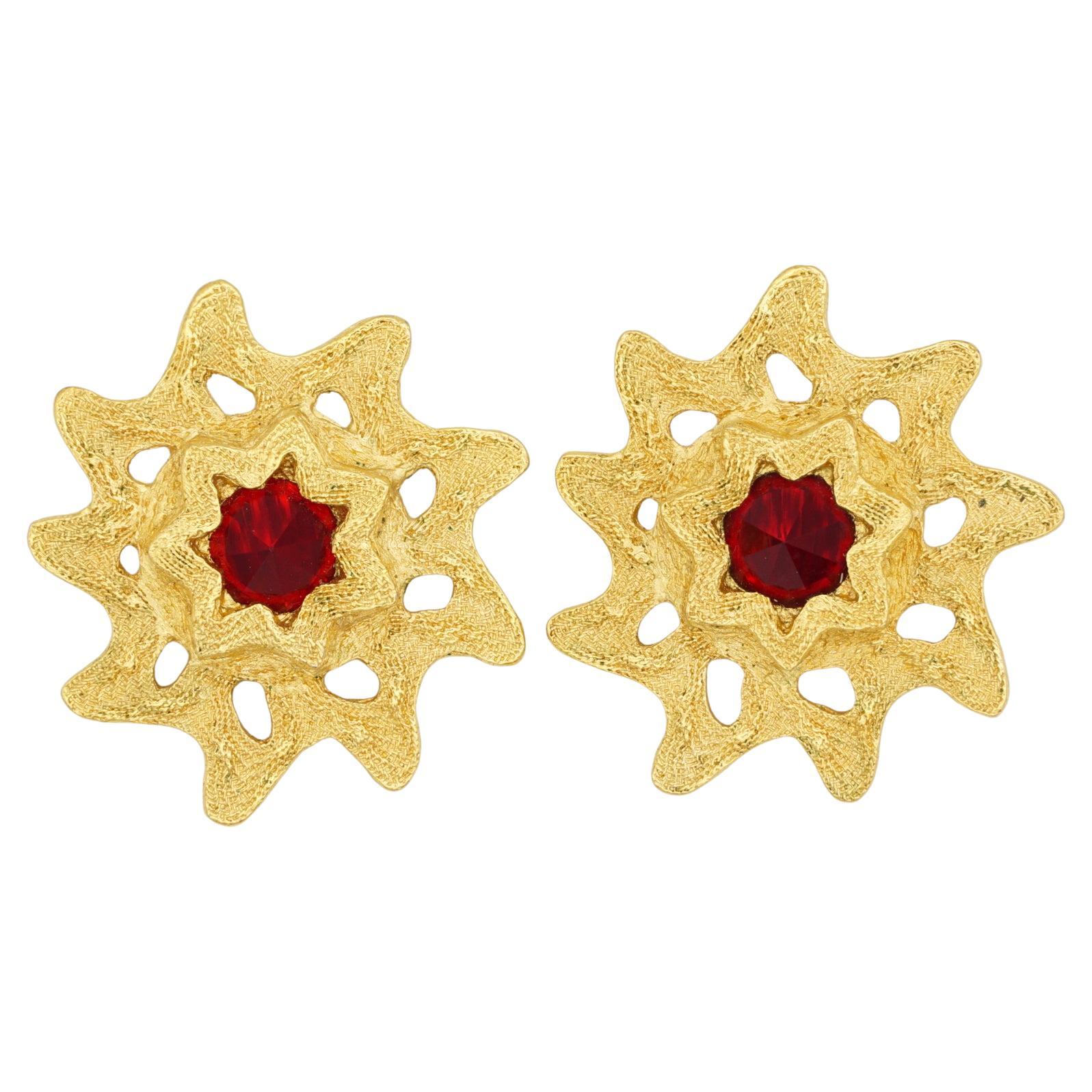 Yves Saint Laurent YSL Vintage Gripoix Gold Red Ruby Double Sunburst Earrings