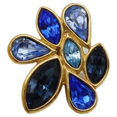 Yves Saint Laurent YSL Vintage Gripoix Navy Blue Cabochon Crystal Flower Brooch