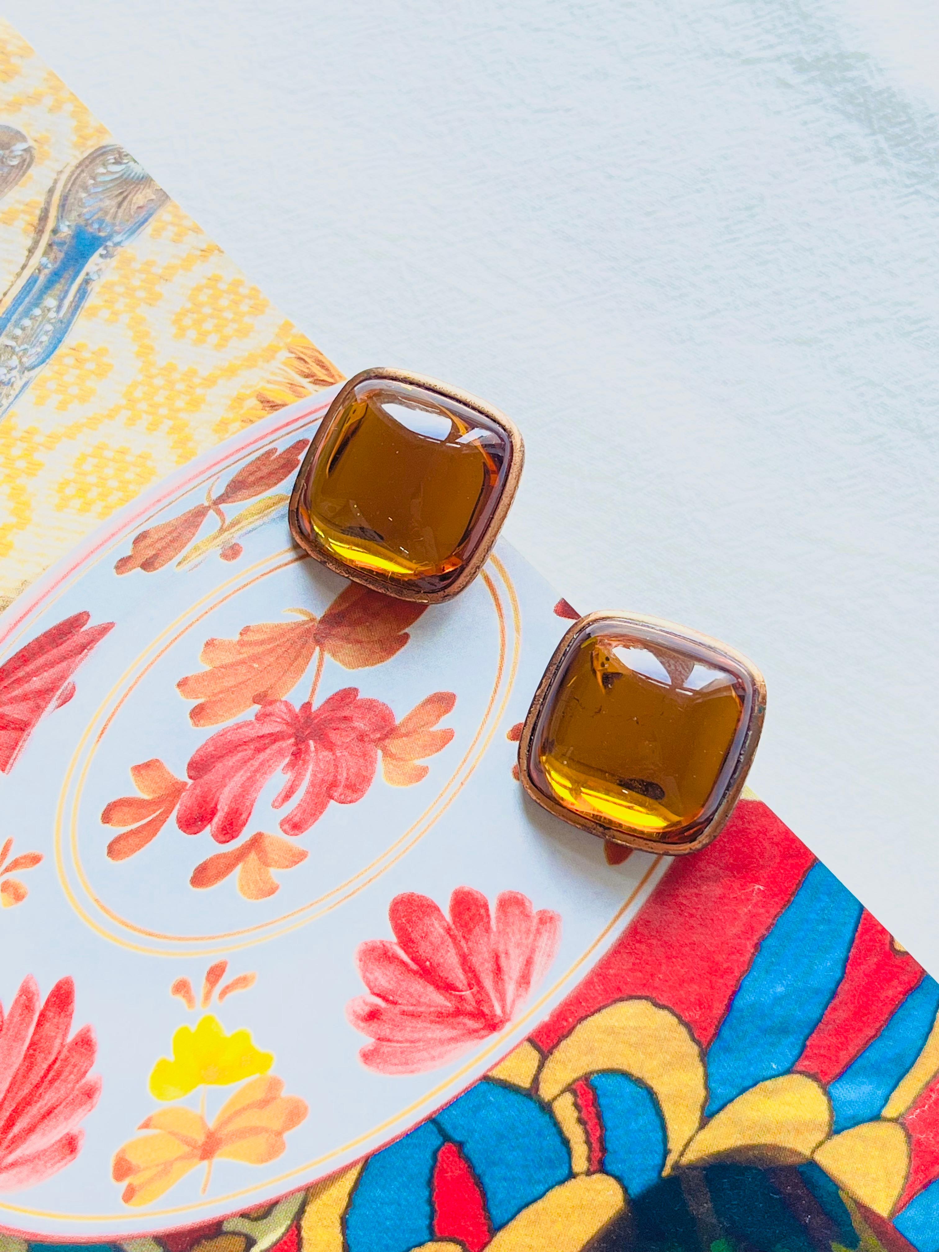 Baroque Yves Saint Laurent YSL Vintage Gripoix Orange Amber Cabochon Square Earrings