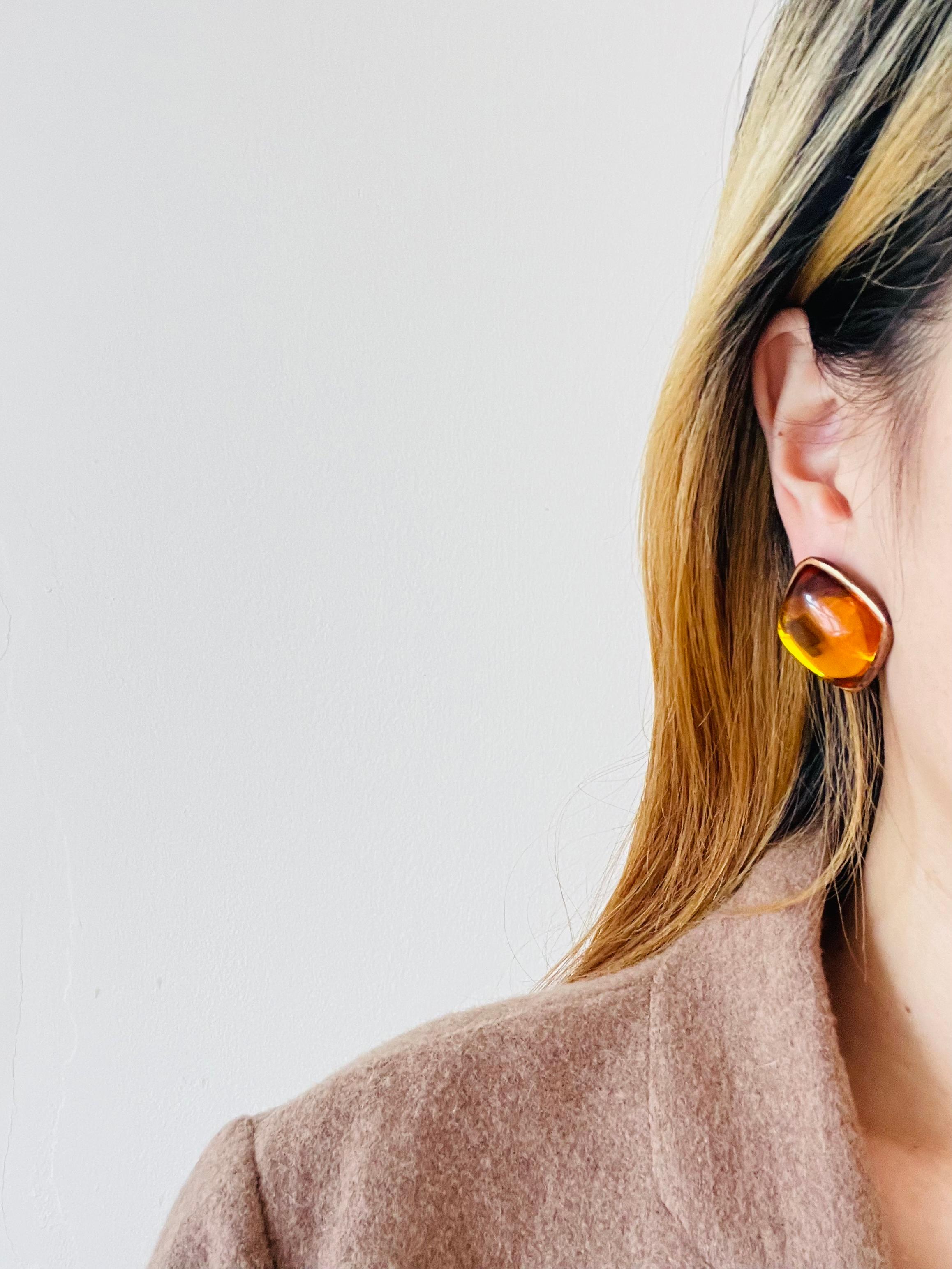 Yves Saint Laurent YSL Vintage Gripoix Orange Amber Cabochon Square Earrings In Good Condition In Wokingham, England