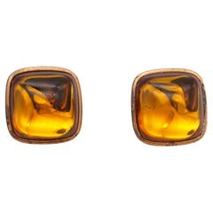 Yves Saint Laurent YSL Vintage Gripoix Orange Amber Cabochon Square Earrings