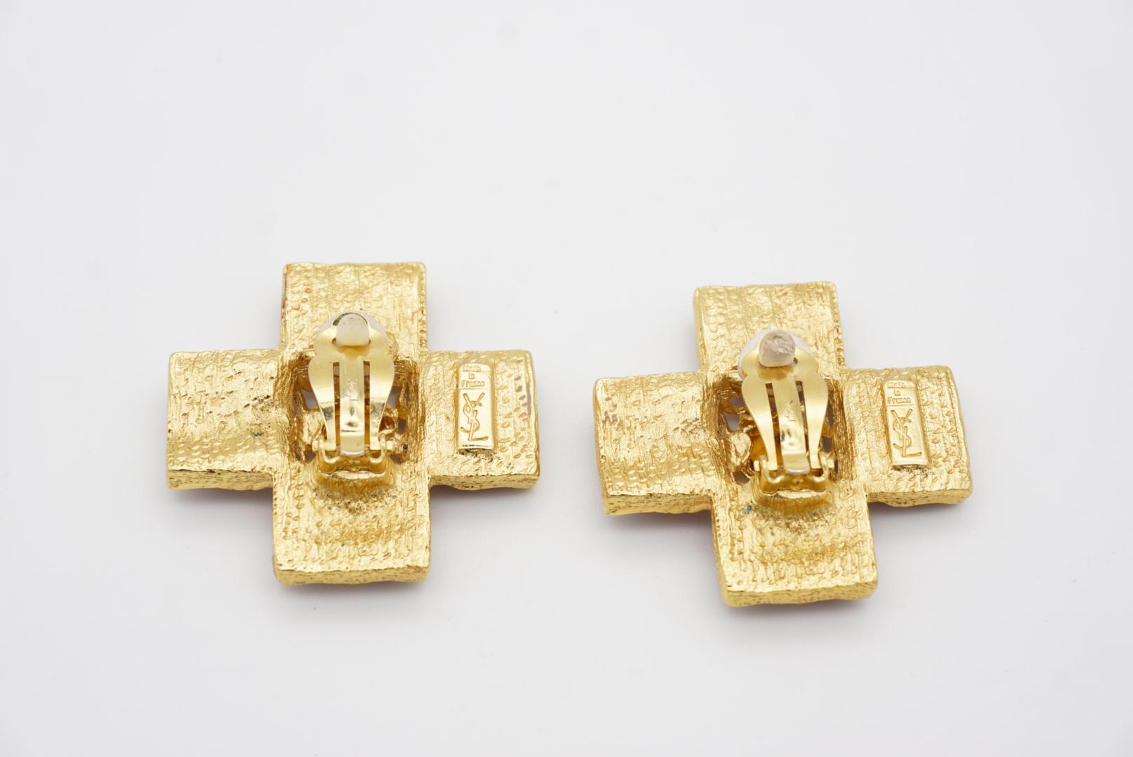 Yves Saint Laurent YSL Vintage Gripoix Red Cross Enamel Yellow Chunky Earrings For Sale 5