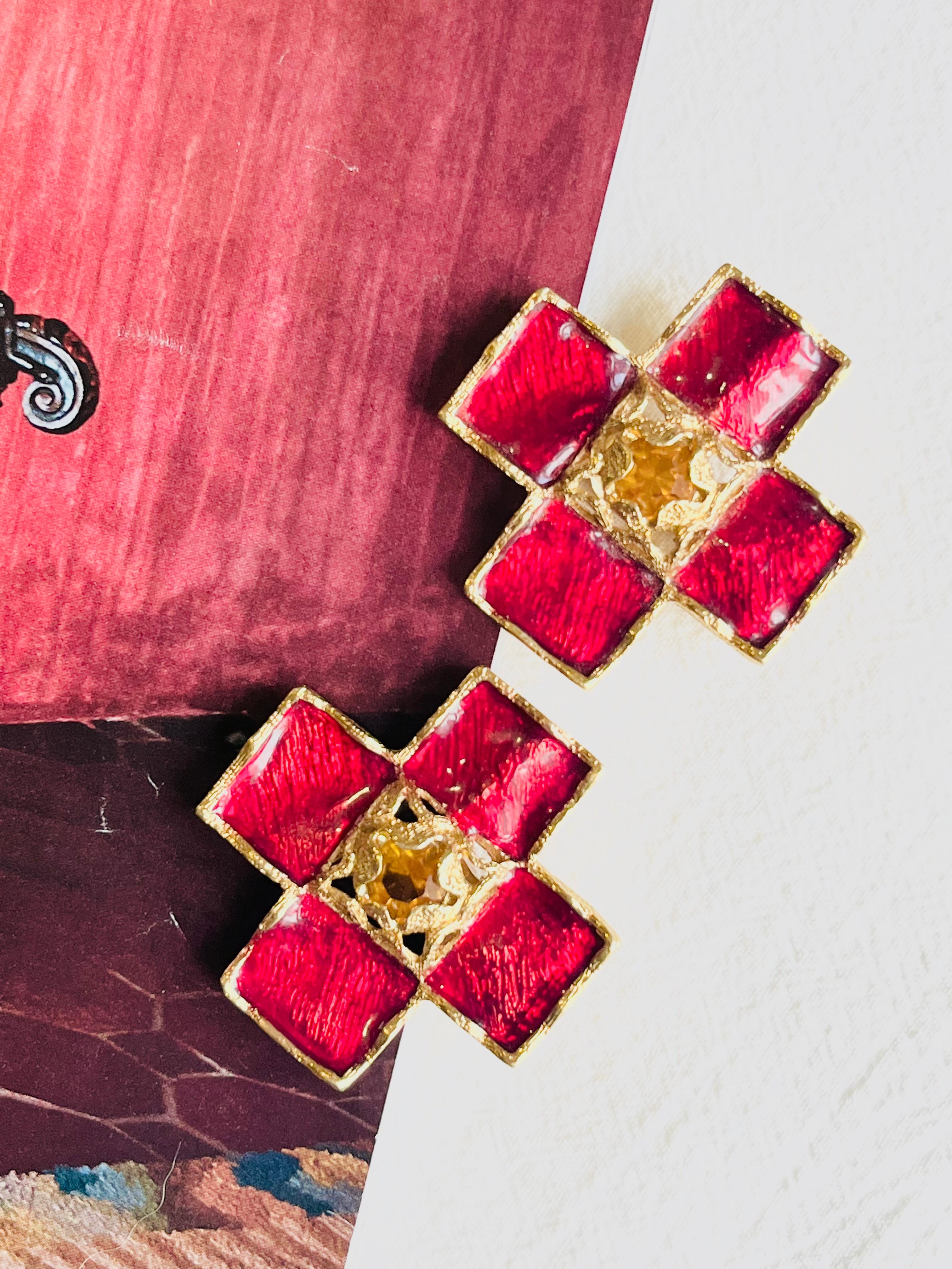 Art Deco Yves Saint Laurent YSL Vintage Gripoix Red Cross Enamel Yellow Chunky Earrings For Sale