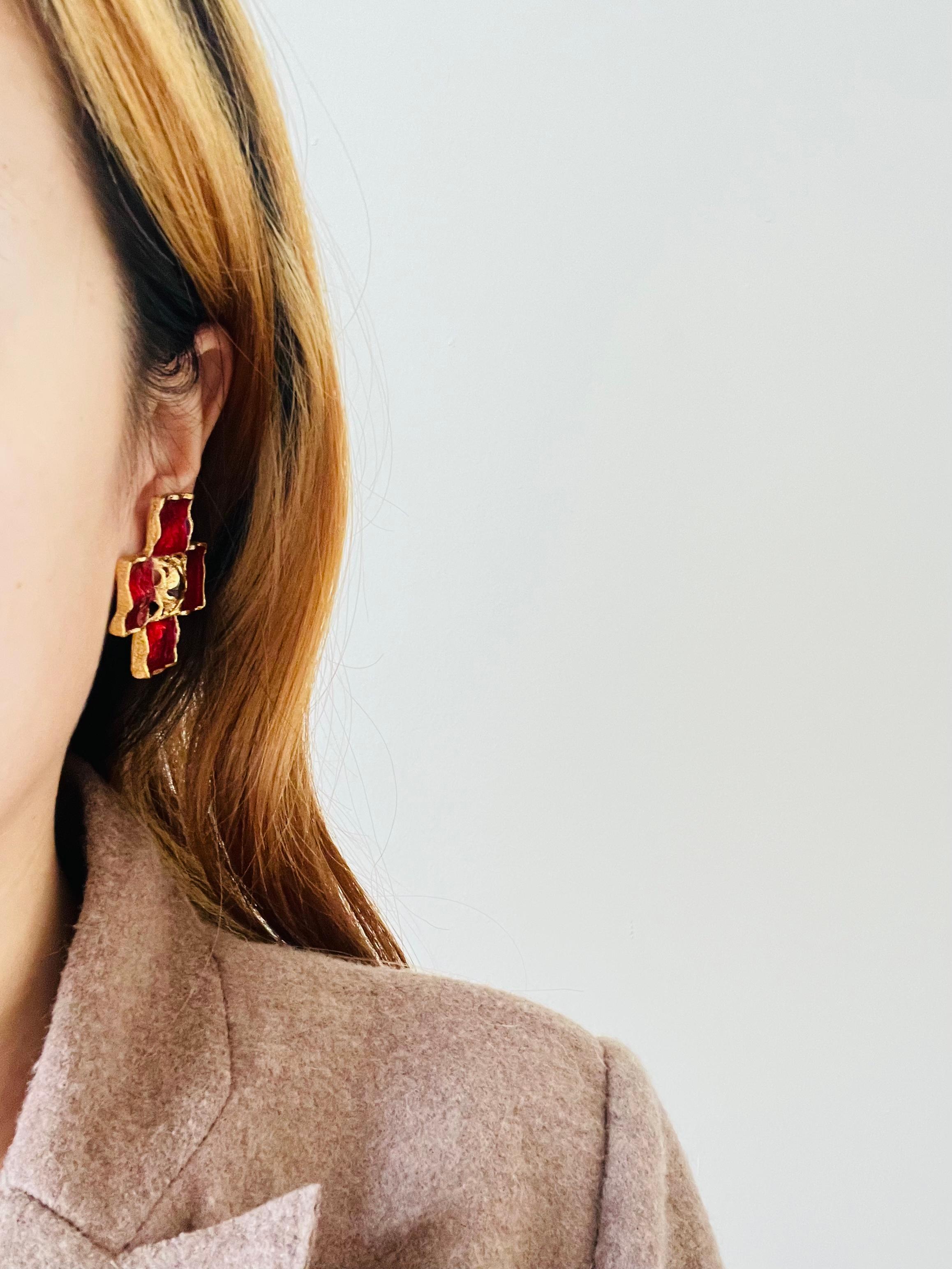 Women's Yves Saint Laurent YSL Vintage Gripoix Red Cross Enamel Yellow Chunky Earrings For Sale
