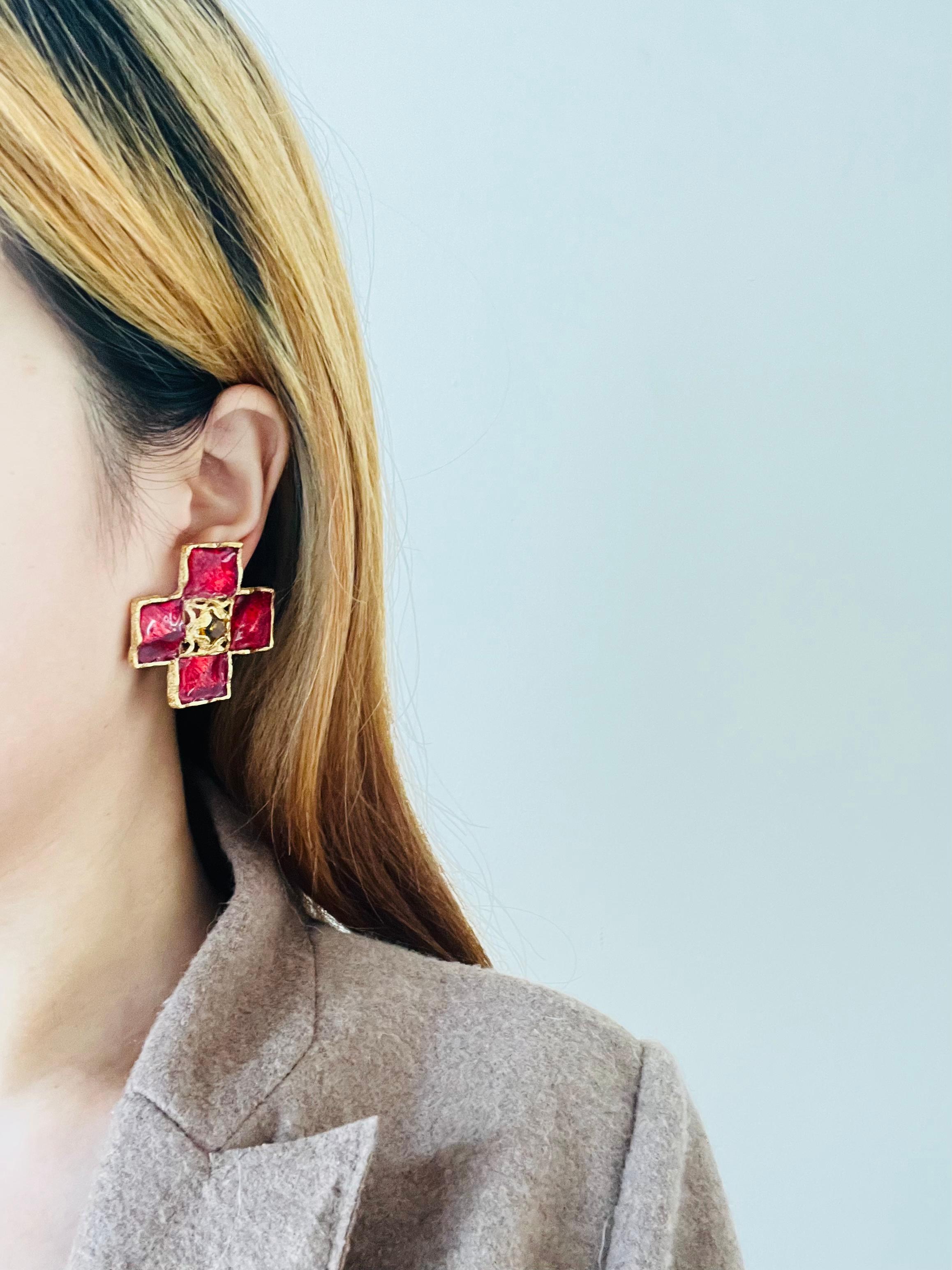Yves Saint Laurent YSL Vintage Gripoix Red Cross Enamel Yellow Chunky Earrings For Sale 1
