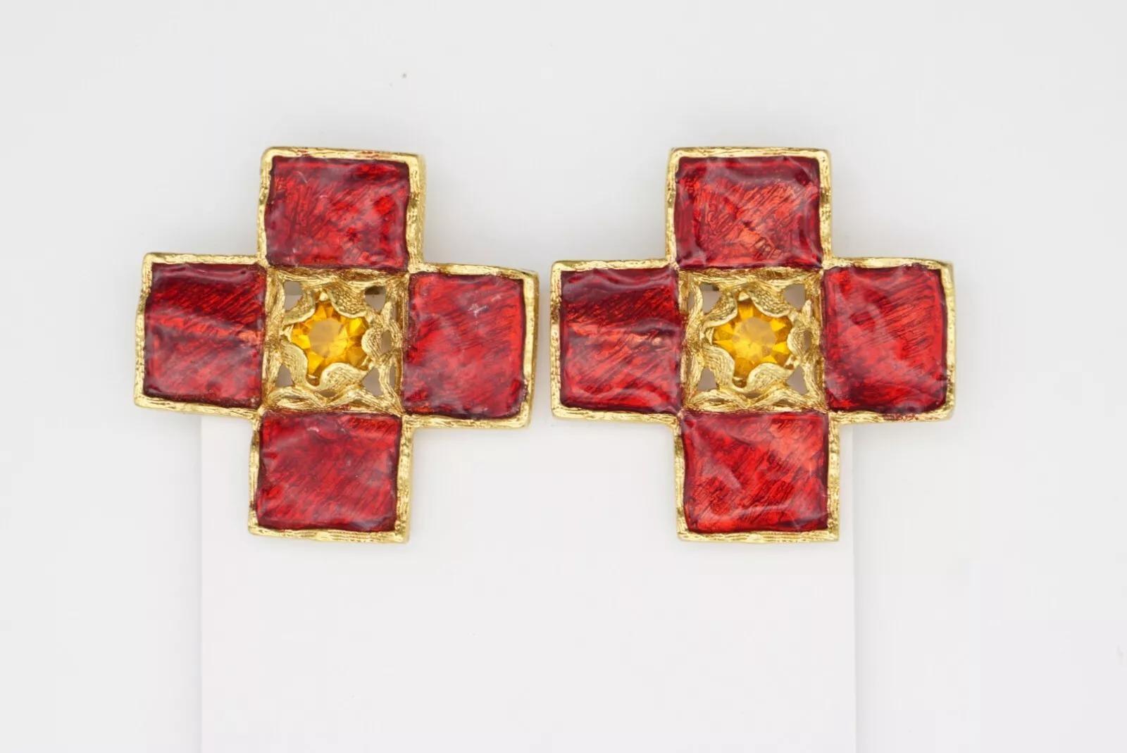 Yves Saint Laurent YSL Vintage Gripoix Red Cross Enamel Yellow Chunky Earrings For Sale 2