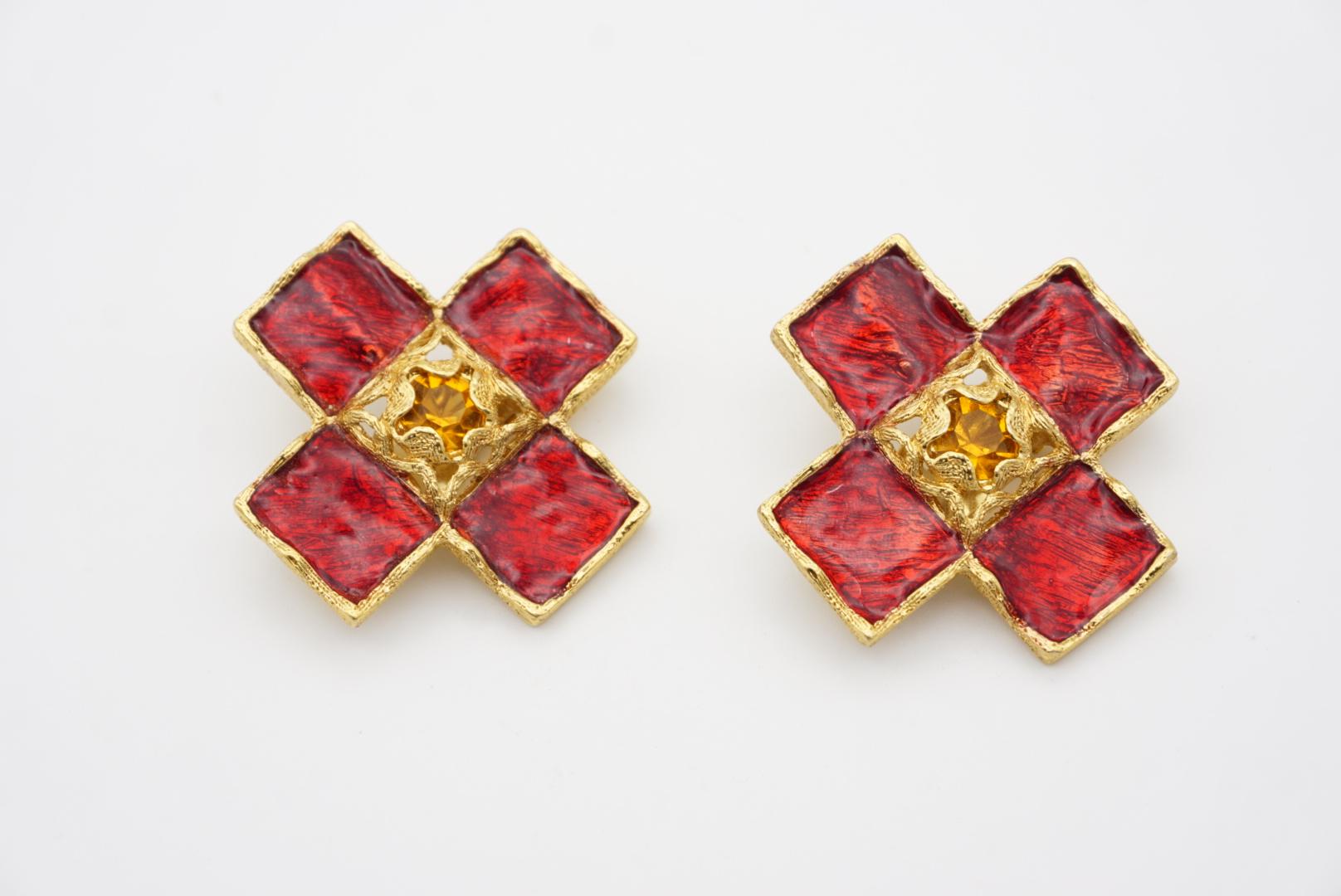 Yves Saint Laurent YSL Vintage Gripoix Red Cross Enamel Yellow Chunky Earrings For Sale 3