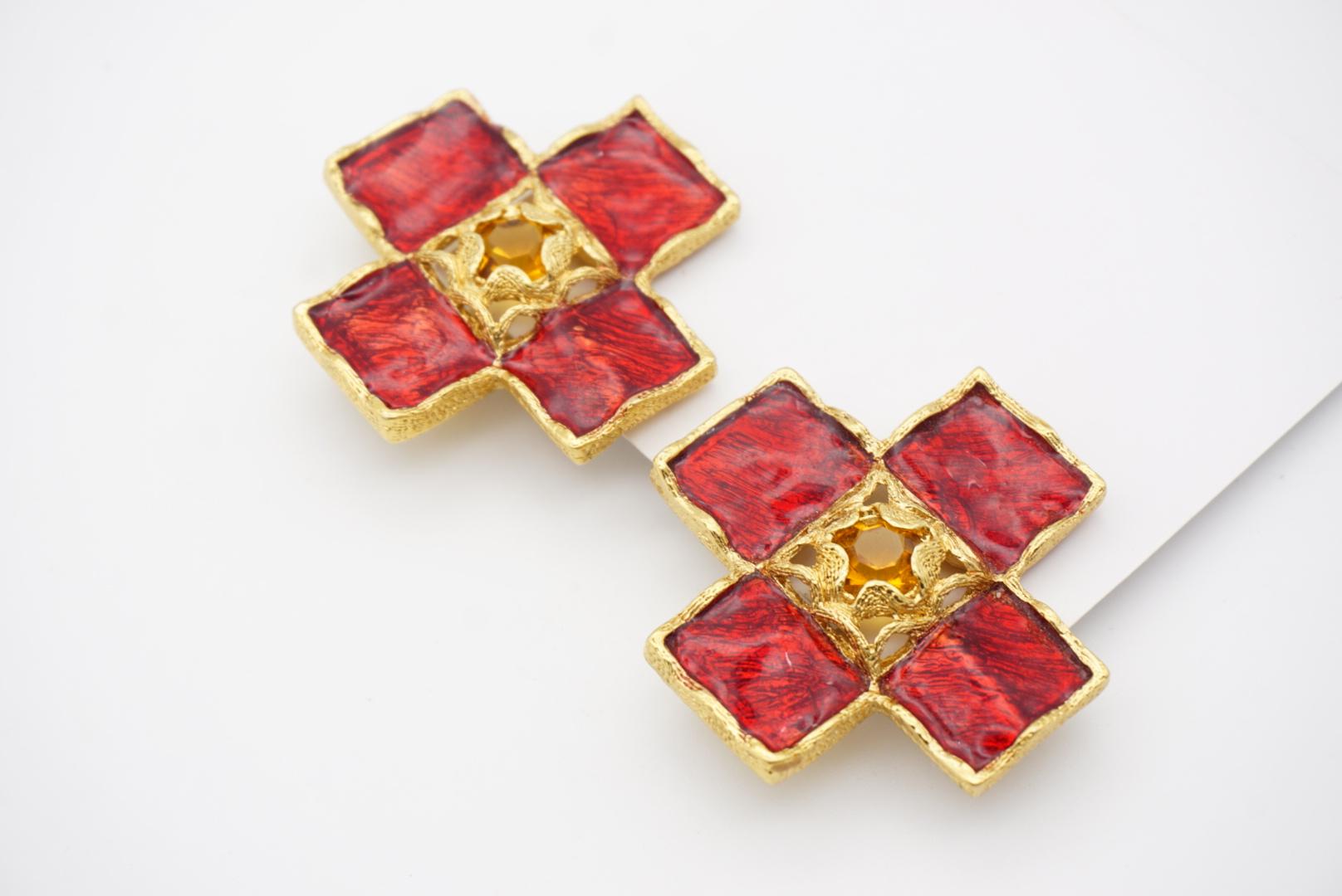 Yves Saint Laurent YSL Vintage Gripoix Red Cross Enamel Yellow Chunky Earrings For Sale 4