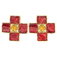 Yves Saint Laurent YSL Vintage Gripoix Red Cross Enamel Yellow Chunky Earrings
