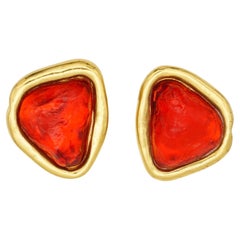 Yves Saint Laurent YSL Vintage Gripoix Red Ruby Gold Cabochon Chunky Earrings