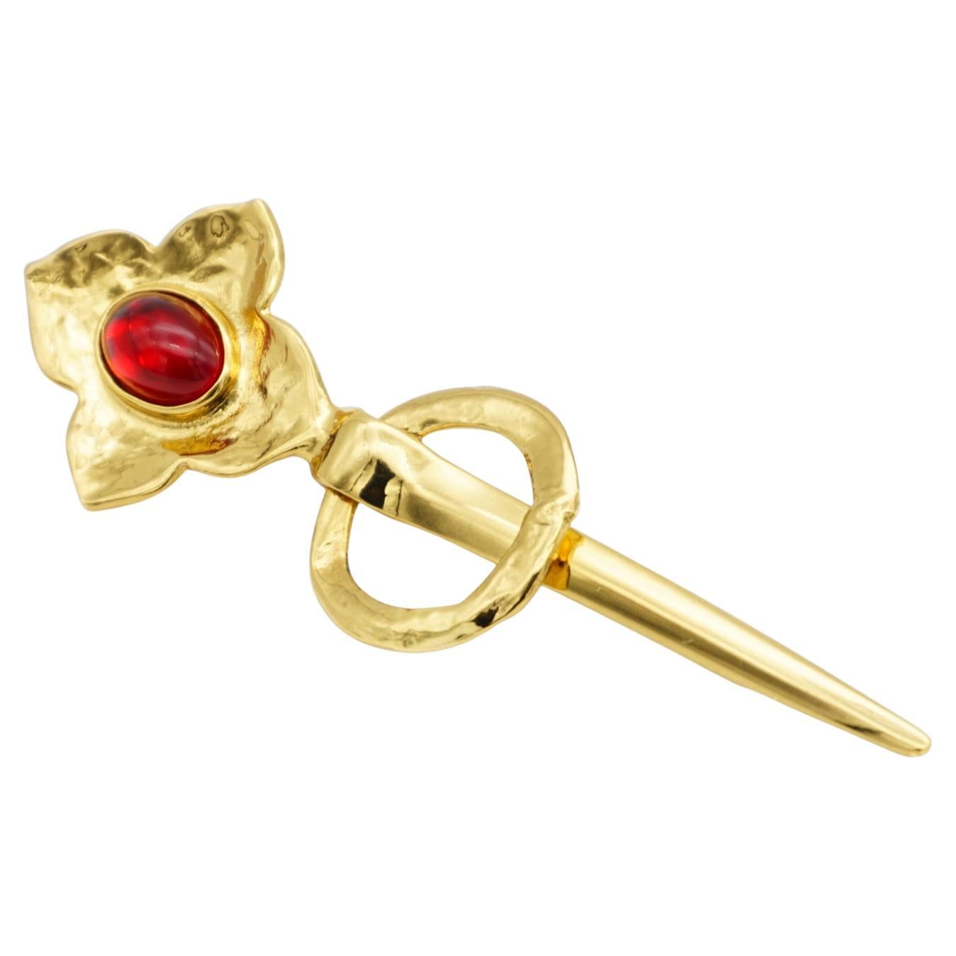 Yves Saint Laurent YSL Vintage Gripoix Rubin Blume Kristall Gold Langer Ring Brosche im Angebot