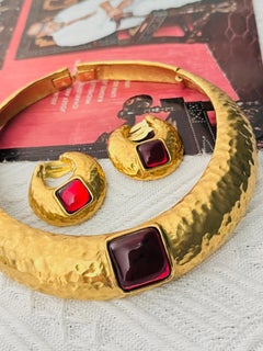 Yves Saint Laurent YSL Vintage Gripoix Ruby Square Cabochon Crescent Moon 2 Set