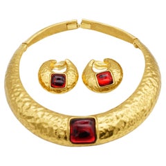 Yves Saint Laurent YSL Vintage Gripoix Ruby Square Crystal Crescent Chunky 2 Set