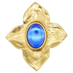 Yves Saint Laurent YSL Vintage Gripoix Sapphire Oval Crystal Brooch Gold Pendant