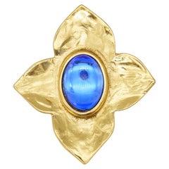 Yves Saint Laurent YSL Vintage Gripoix Sapphire Oval Crystal Brooch Gold Pendant Yves Saint Laurent YSL Vintage Gripoix Sapphire Oval Crystal Brooch Gold Pendant