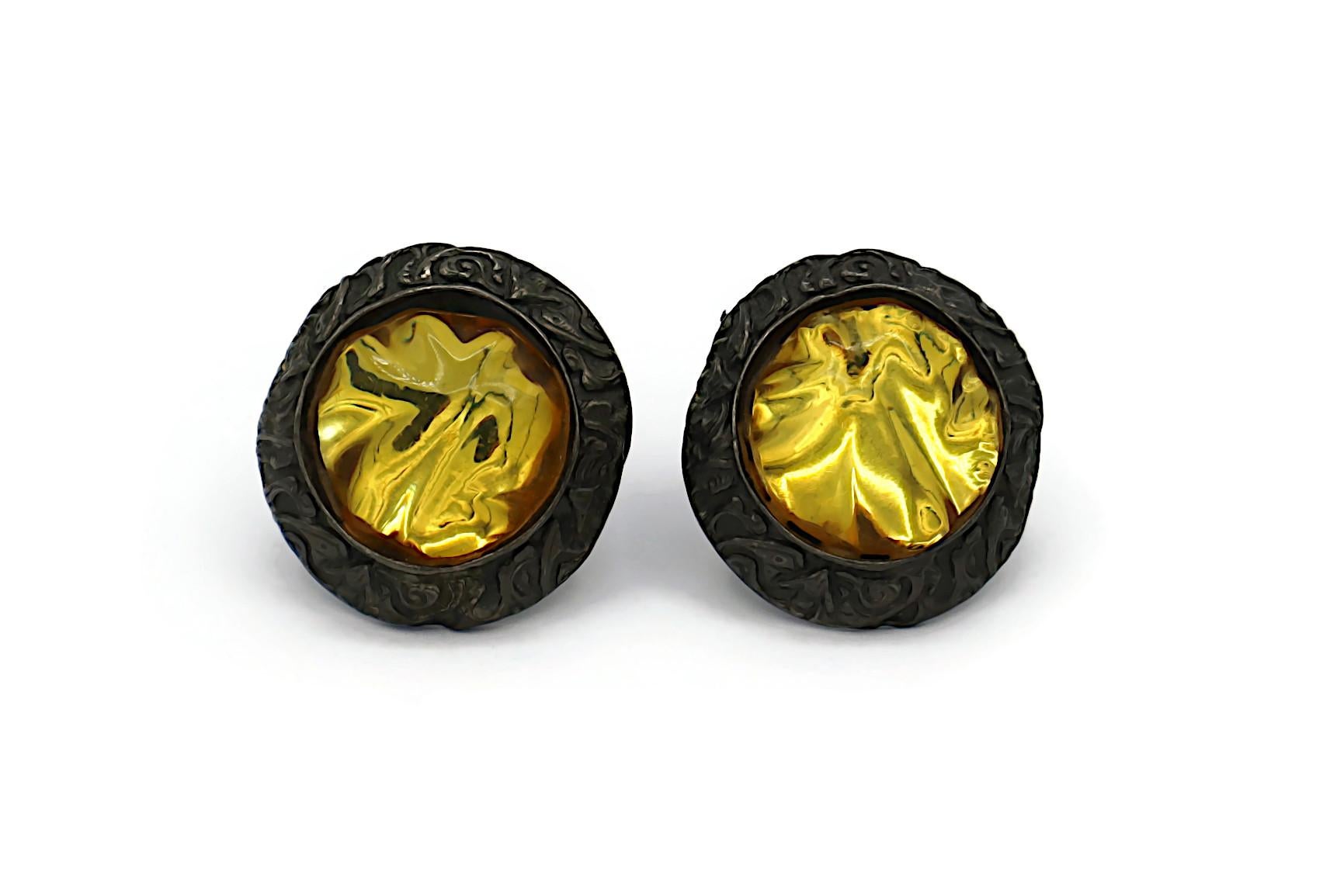 Women's YVES SAINT LAURENT YSL Vintage Gunmetal Yellow Resin Clip-On Earrings For Sale