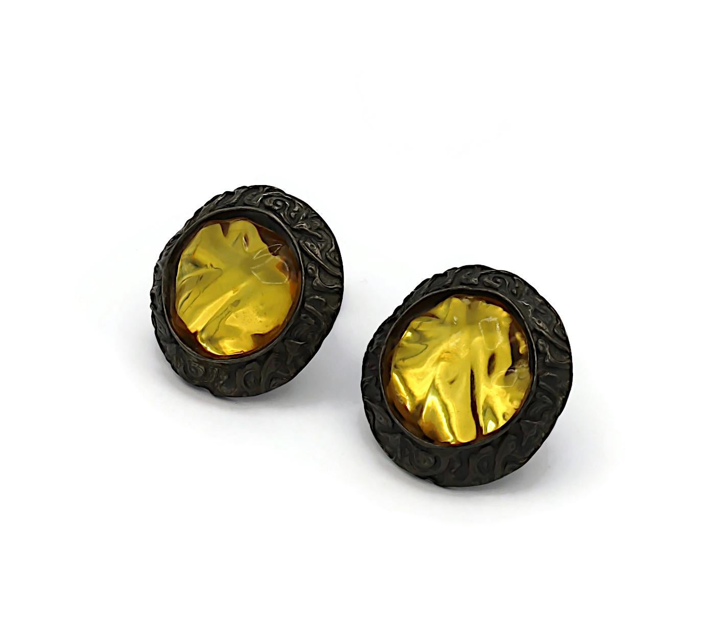 YVES SAINT LAURENT YSL Vintage Gunmetal Yellow Resin Clip-On Earrings For Sale 1