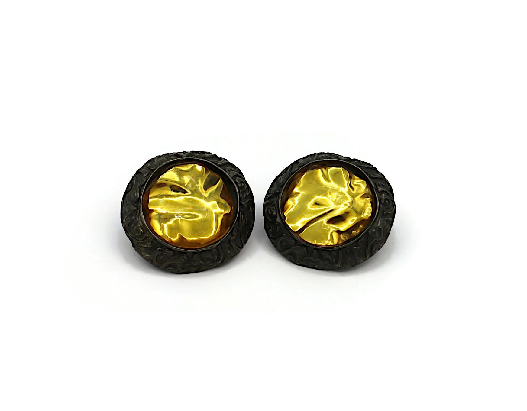 YVES SAINT LAURENT YSL Vintage Gunmetal Yellow Resin Clip-On Earrings For Sale 2