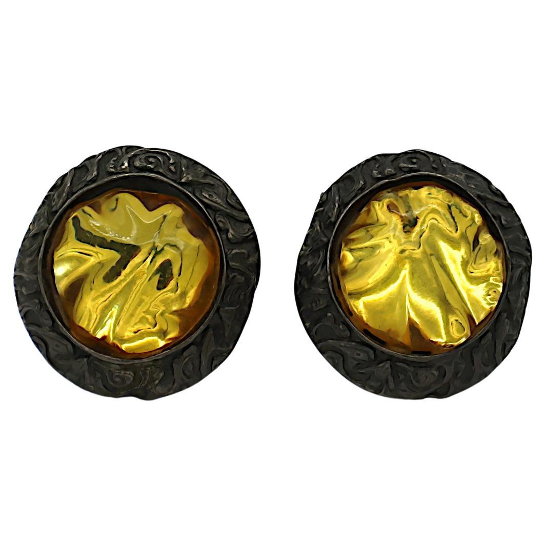YVES SAINT LAURENT YSL Vintage Gunmetal Yellow Resin Clip-On Earrings For Sale