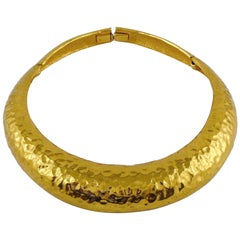 Yves Saint Laurent YSL Vintage Hammered Gold Tone Polka Choker Necklace