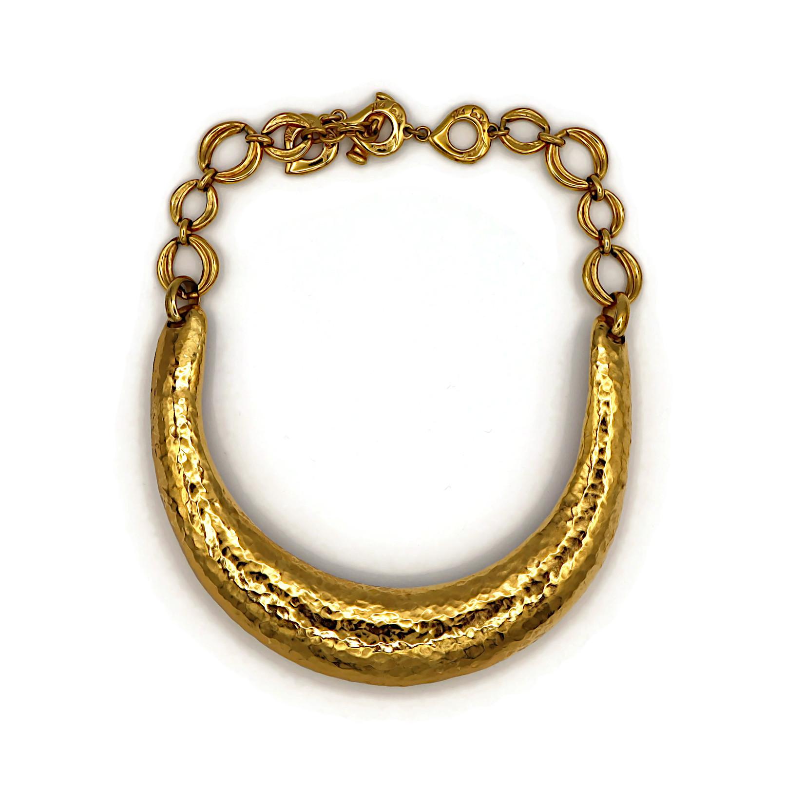 Women's YVES SAINT LAURENT YSL Vintage Hammered Gold Tone Rigid Choker Necklace For Sale