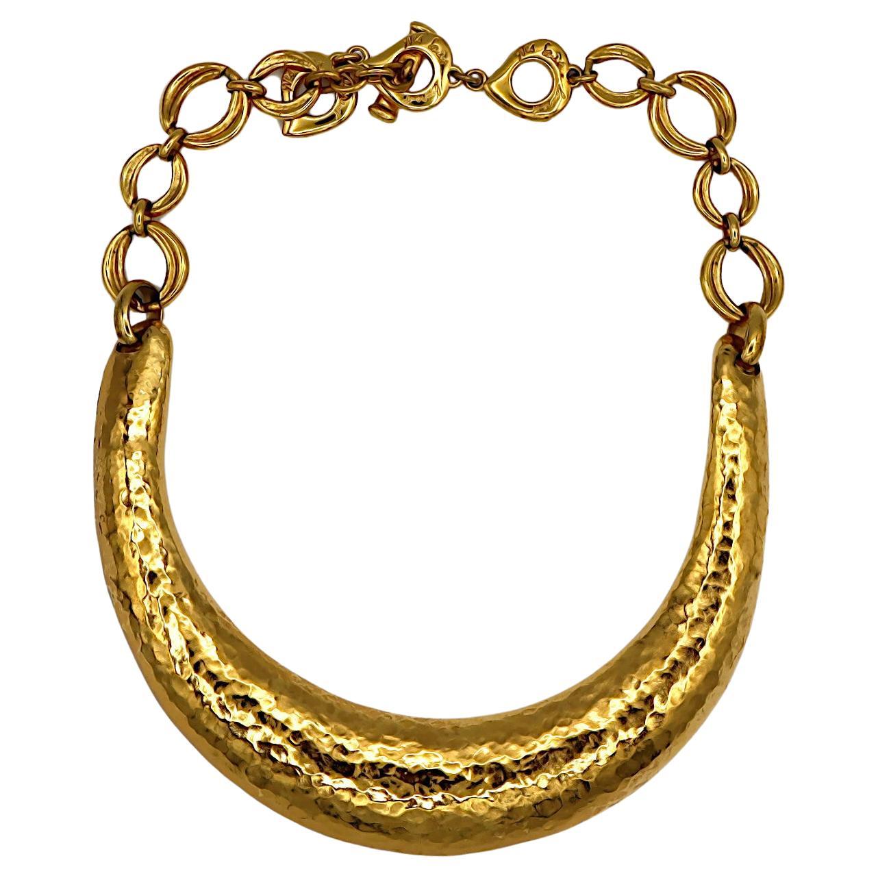 YVES SAINT LAURENT YSL Vintage Hammered Gold Tone Rigid Choker Necklace For Sale
