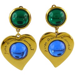 Yves Saint Laurent YSL Vintage Heart Glass Cabochons Dangling Earrings
