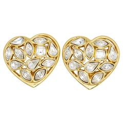 Yves Saint Laurent YSL Vintage Heart Love Crystals Clear Openwork Earrings
