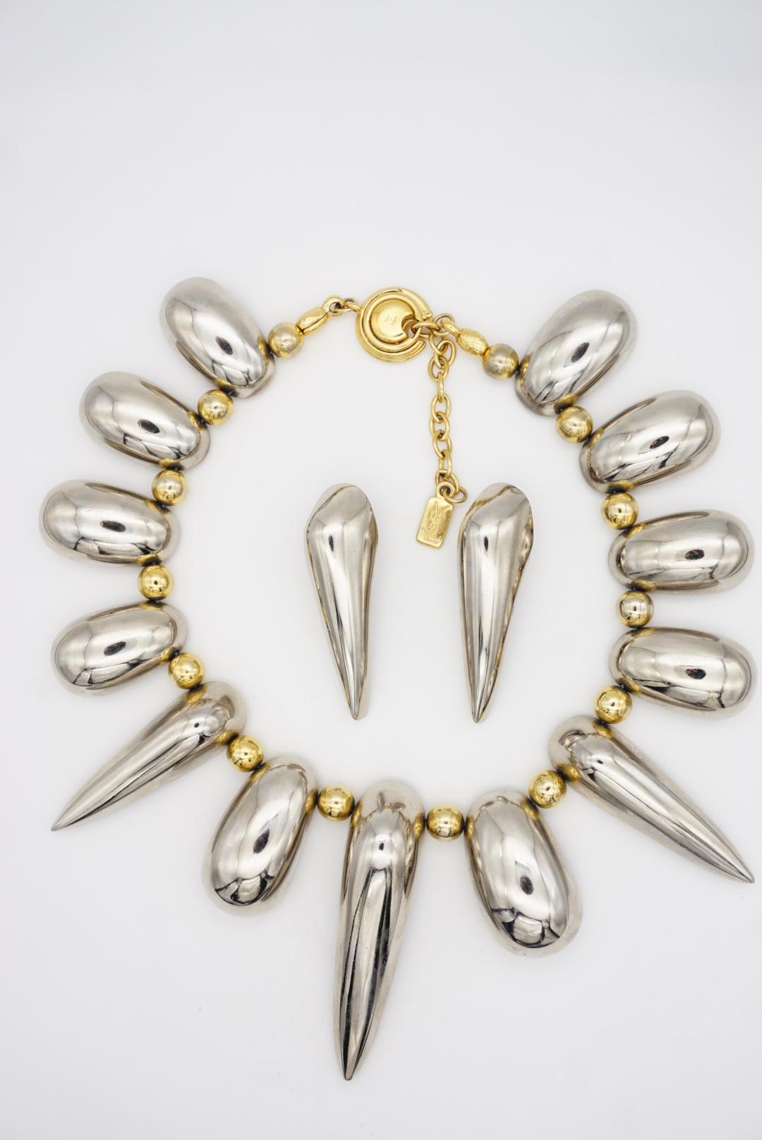 Yves Saint Laurent YSL Vintage High Triangle Rivet Oval Glow Chunky Silver Set For Sale 5