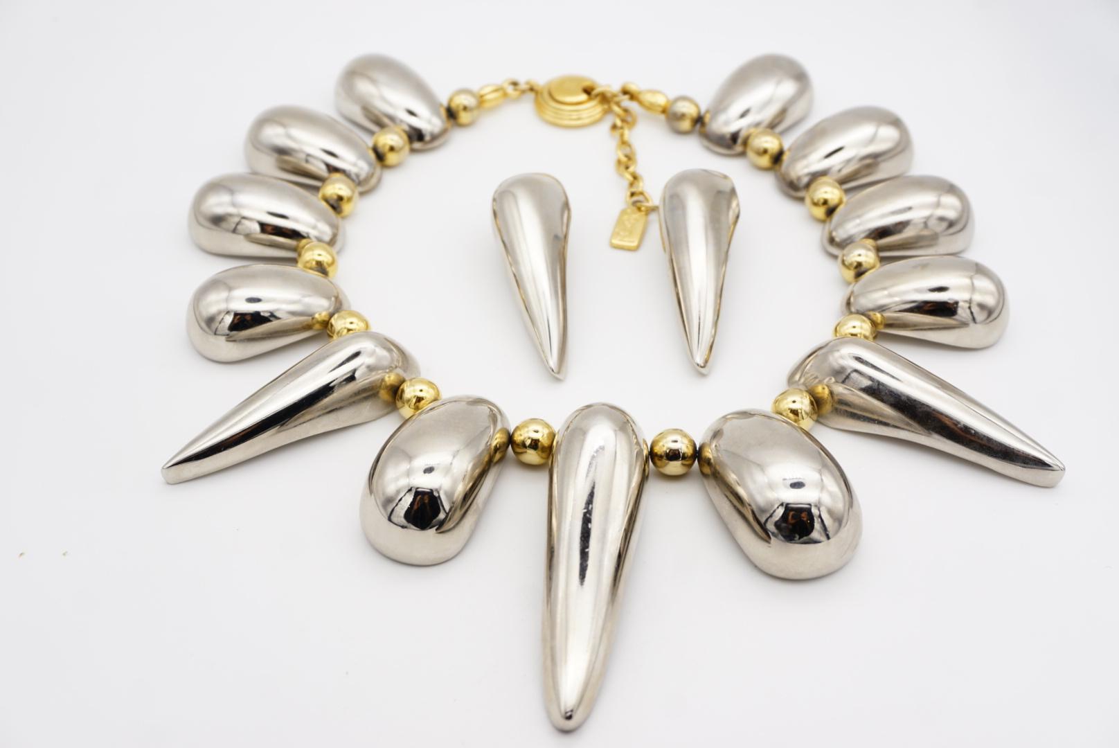 Yves Saint Laurent YSL Vintage High Triangle Rivet Oval Glow Chunky Silver Set For Sale 6