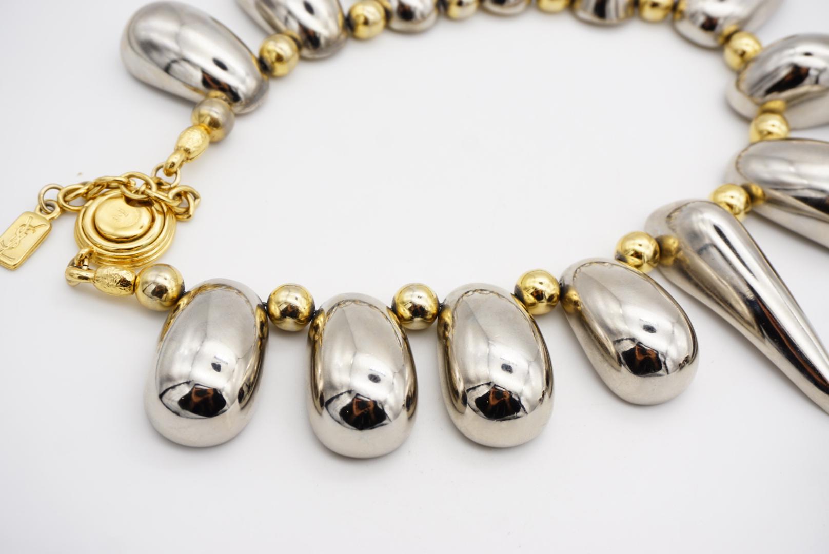 Yves Saint Laurent YSL Vintage High Triangle Rivet Oval Glow Chunky Silver Set For Sale 12