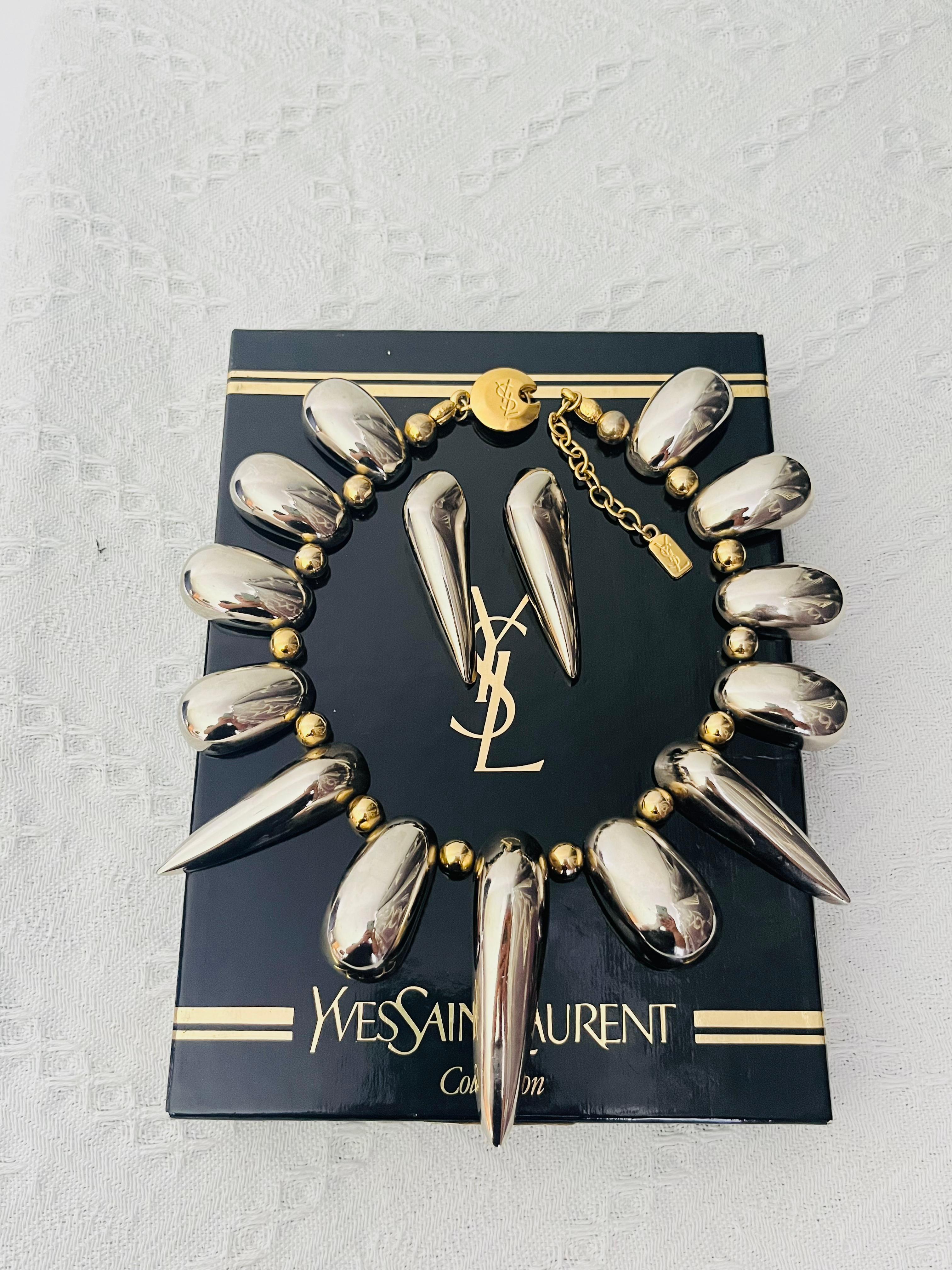 Yves Saint Laurent YSL Vintage High Triangle Rivet Oval Glow Chunky Silver Set For Sale 1