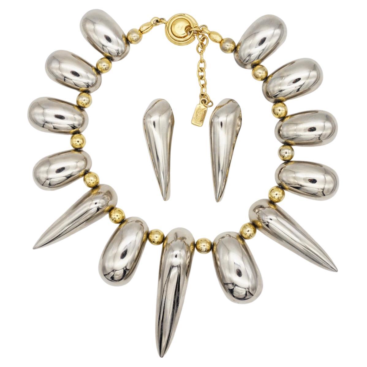 Yves Saint Laurent YSL Vintage High Triangle Rivet Oval Glow Chunky Silver Set For Sale
