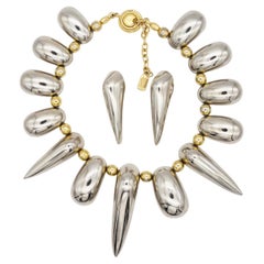 Yves Saint Laurent YSL Vintage High Triangle Rivet Oval Glow Chunky Silver Set