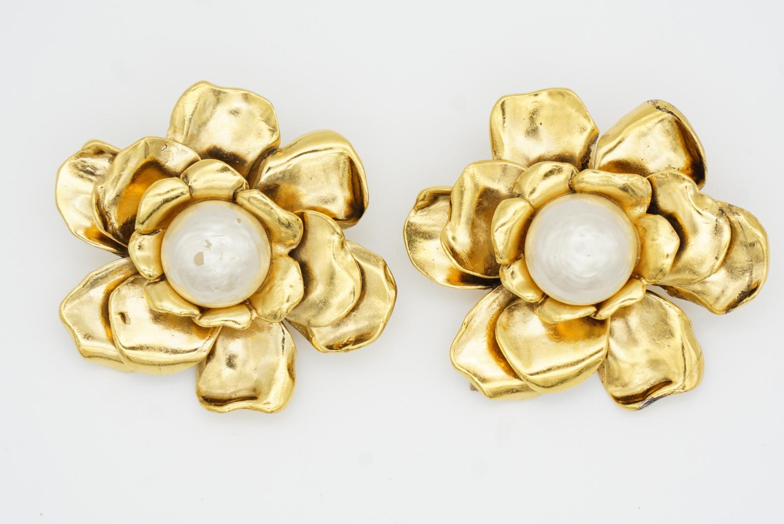 Yves Saint Laurent YSL Vintage Huge Camellia Flower White Pearl Clip Earrings For Sale 5