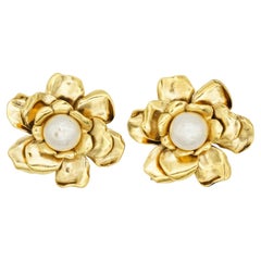 Yves Saint Laurent YSL Vintage Huge Camellia Flower White Pearl Clip Earrings
