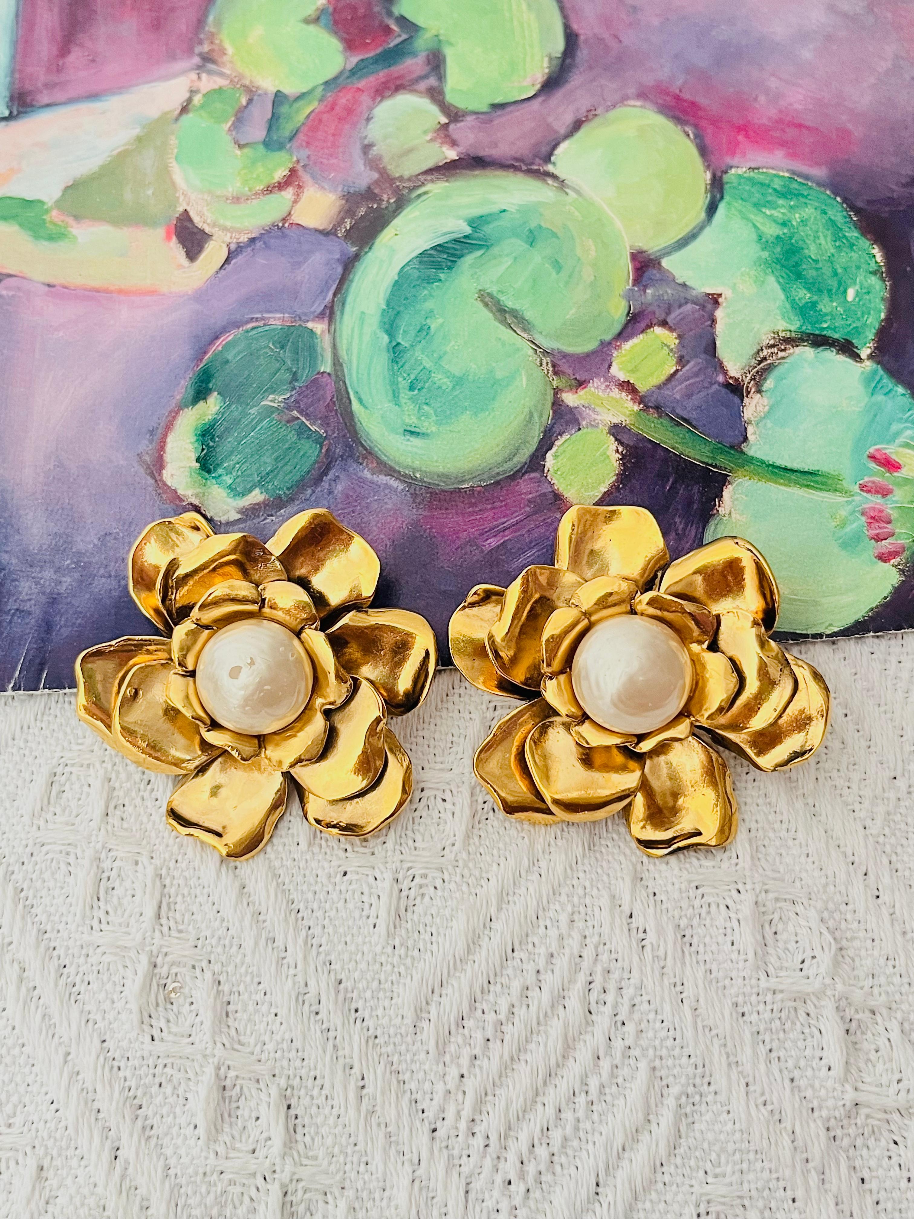 Art Deco Yves Saint Laurent YSL Vintage Huge Camellia Flower White Pearl Clip Earrings For Sale