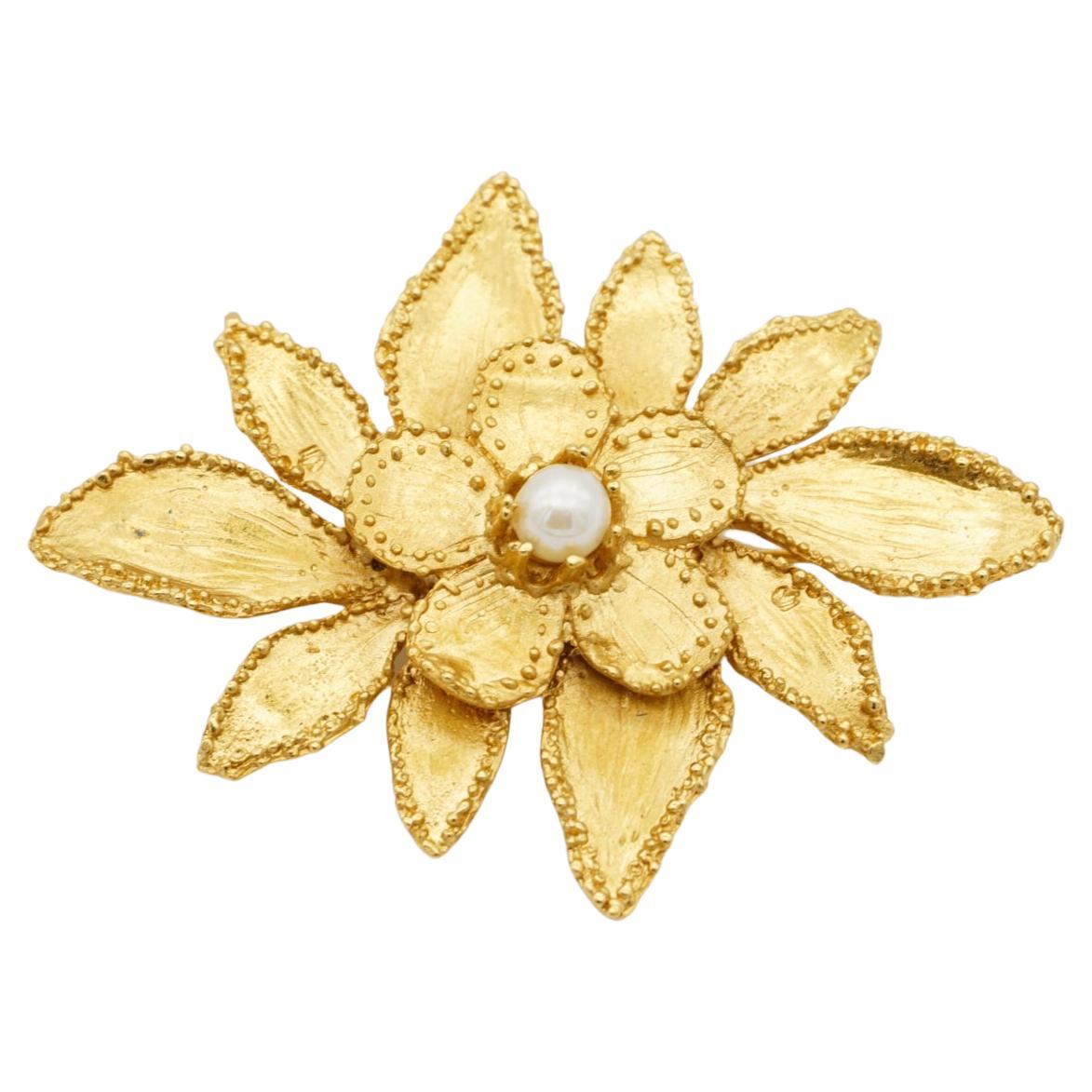 Yves Saint Laurent YSL Vintage Huge Double Layer Flower White Pearl Gold Brooch For Sale