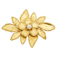 Yves Saint Laurent YSL Vintage Huge Pearl Gold Double Layer Flower White Brooch