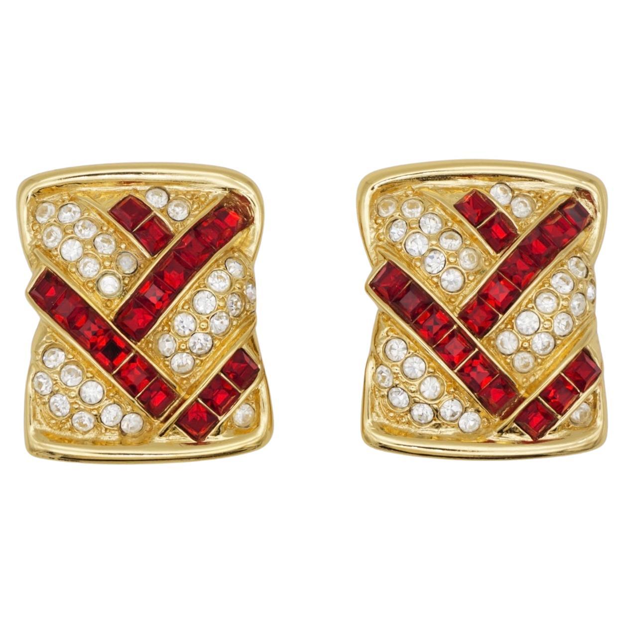 Yves Saint Laurent YSL Vintage Enorme Rectángulo Cristales de Rubí Pendientes de clip gruesos