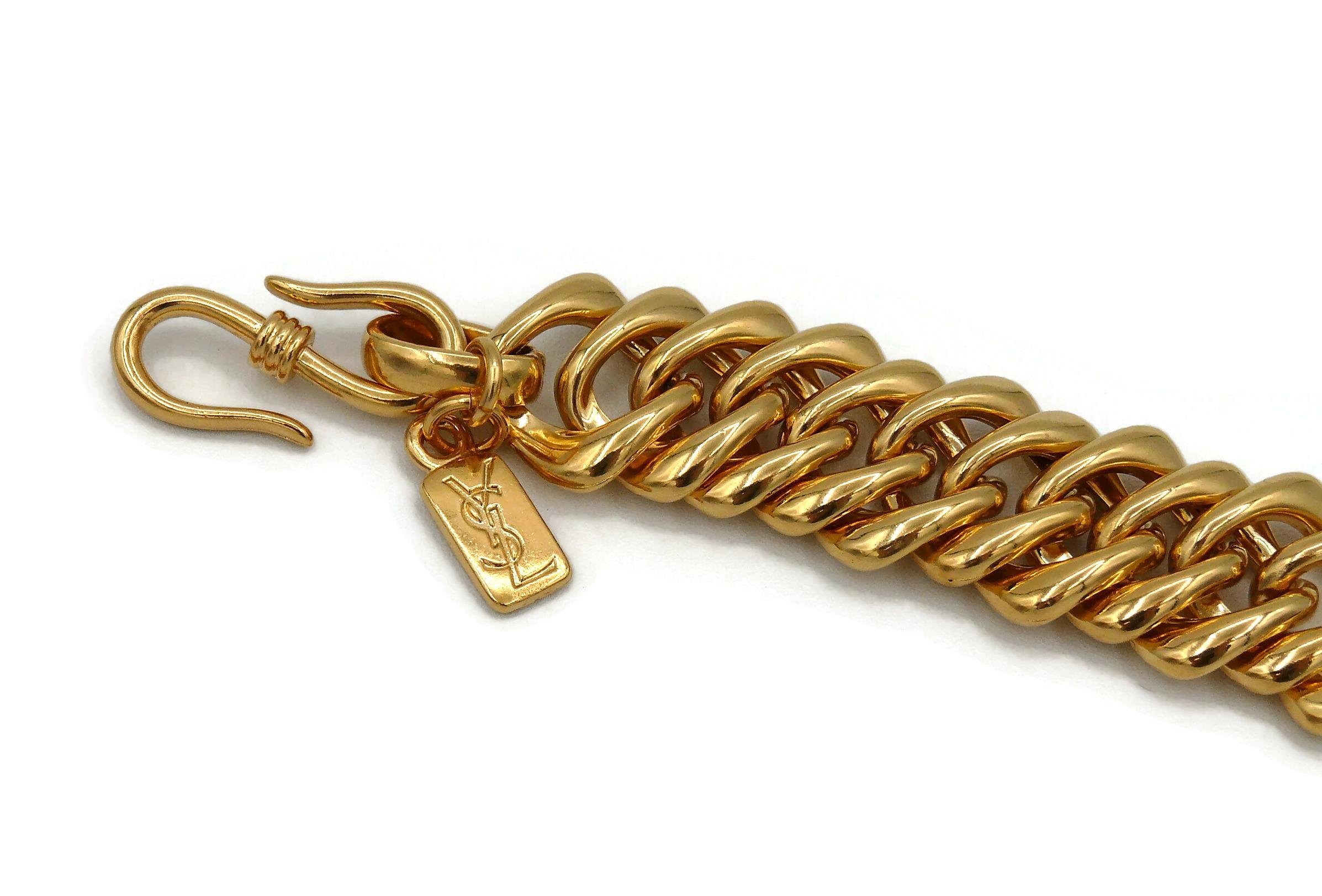 Yves Saint Laurent YSL Vintage Iconic Jewelled Gold Toned Curb Chain Necklace In Good Condition For Sale In Nice, FR